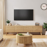 UKAOCAI 86.61'' Tambour TV Stand for 55-85 Inch, Modern Entertainment Center with Large Storage Cabinet & Open Shelves, TV Console with Sliding Doors for Living Room, Bedroom, Natural