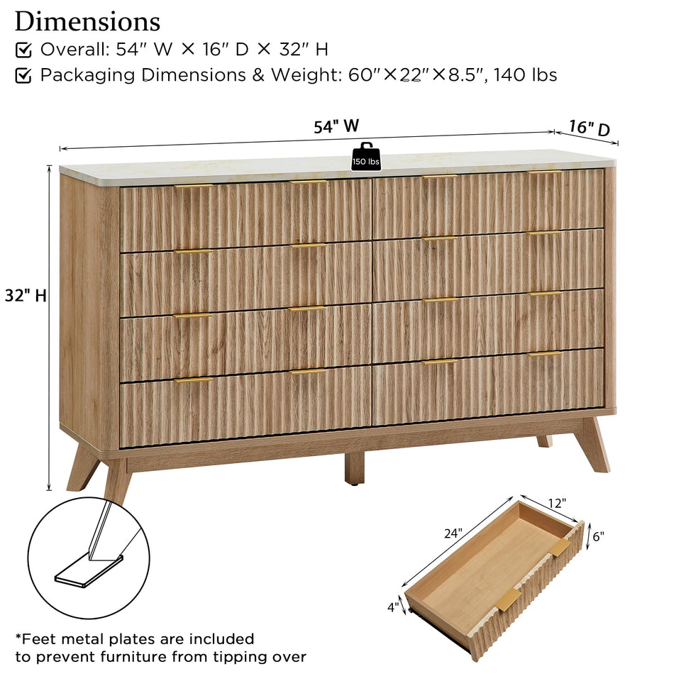 T4TREAM Fluted 7 Drawers Dresser, 54" Wide Modern Chest of Drawers with Faux Marble Top, Curved Profile Design, Dresser TV Stand, Wood Drawer Organizer for Bedroom, Living Room, Hallway, Natural Oak