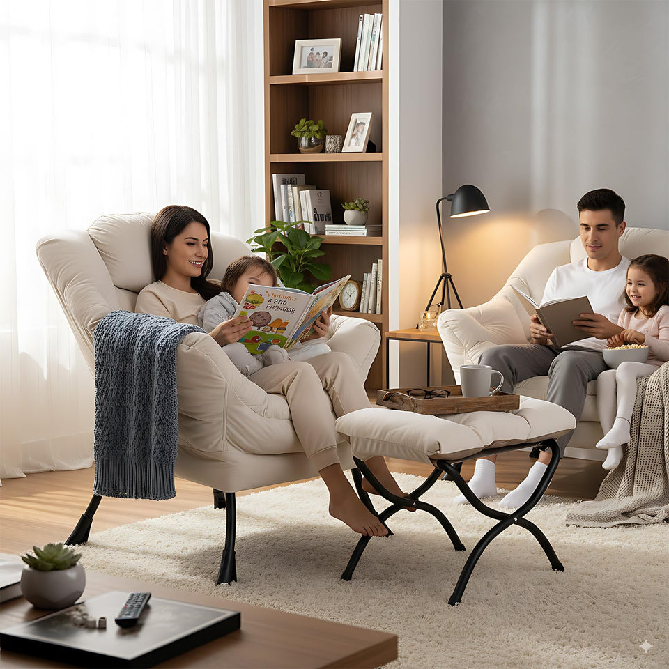 LITA Lazy Chair with Ottoman, Modern Accent Leisure Upholstered Lazy Sofa Armchair, Contemporary Lounge Reading Chair with Armrests and a Side Pocket for Living Room, Bedroom & Small Space, Dark Grey