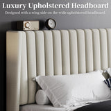 Yaheetech King Bed Frame Upholstered Platform Bed with Fabric Headboard, Wing Edge Design/Non-Slip and Noise-Free/Wooden Slats Support/No Box Spring Needed/Easy Assembly, Ivory King Bed