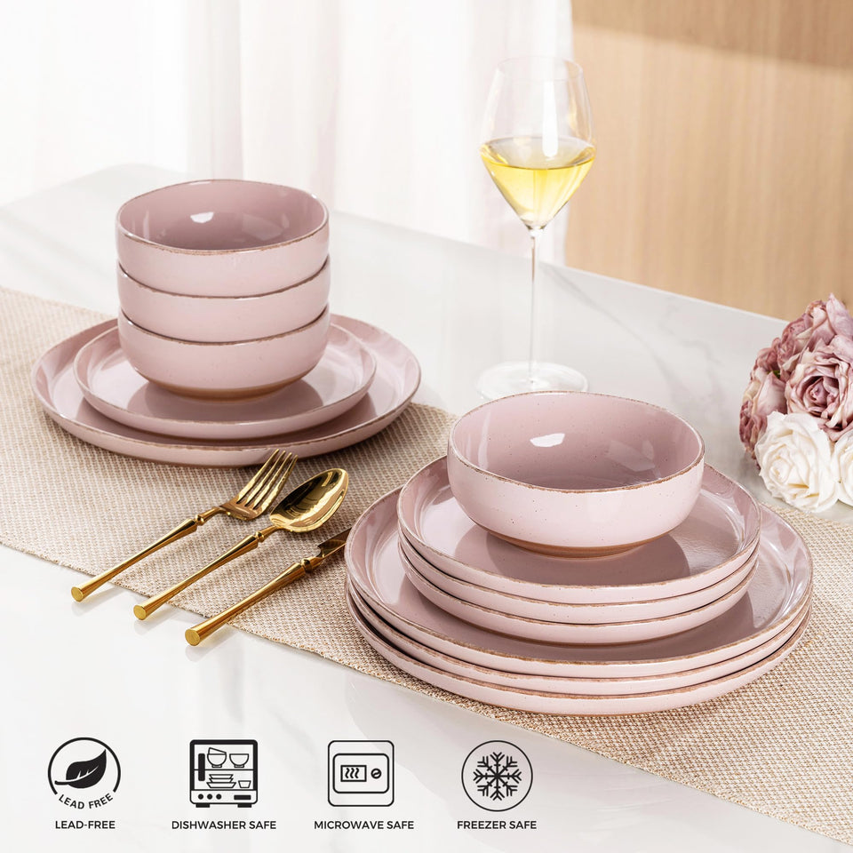 AmorArc Ceramic Dinnerware Sets for 8, 24 Pieces Handpainted Plates and Bowls Set with Rustic Terracotta Underside, Scratch Resistant Stoneware Dishes Set, Dishwasher & Microwave Safe, Light Beige