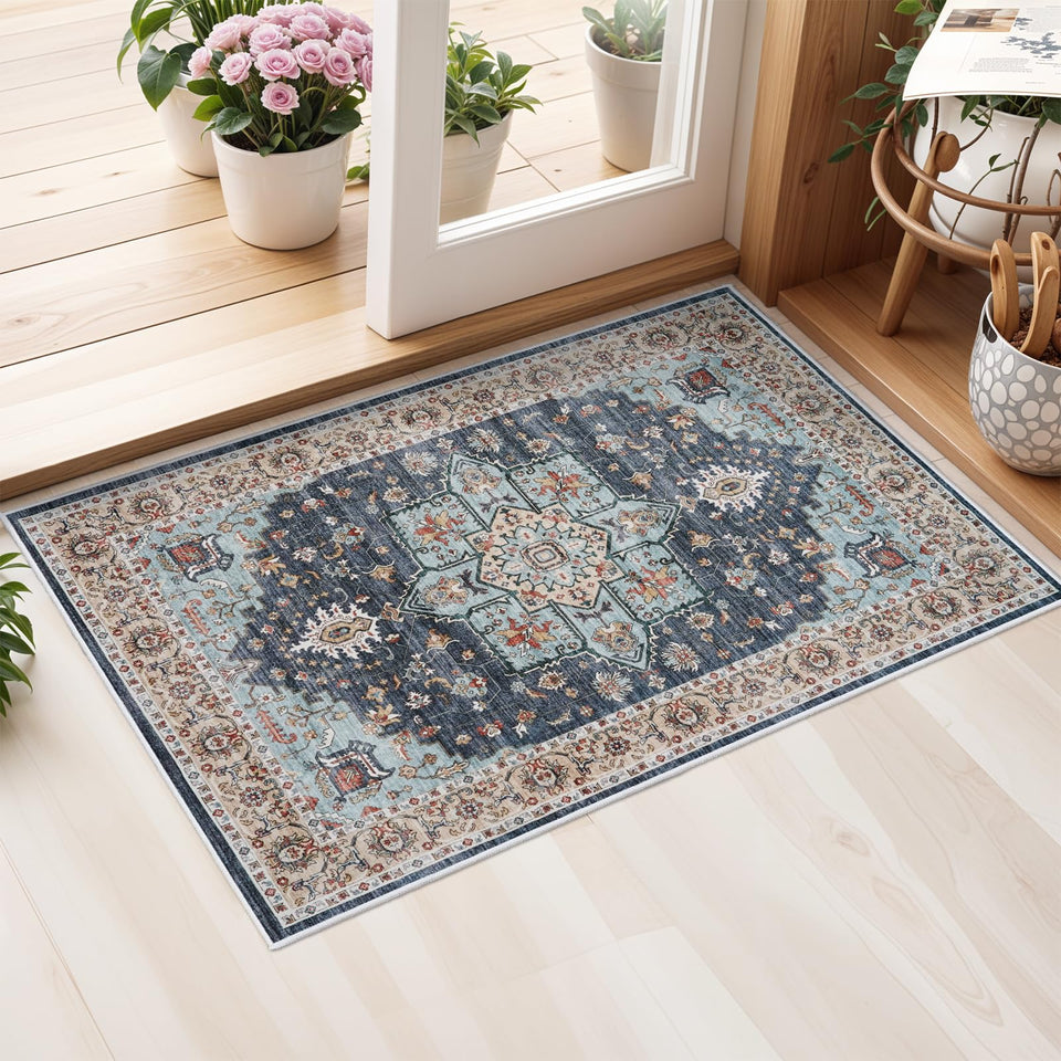 TOPRUUG Washable Oriental Area Rug - 12x15 Rugs for Living Room Soft Carpet for Bedroom Waterproof Floral Distressed Indoor Stain Resistant Non-Shedding Floor Carpets (Green, 12x15)