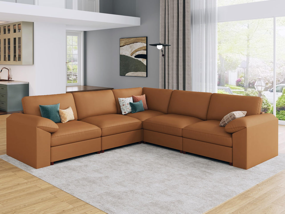 EASE MOOSE Leather Sectional Couch, Oversized Modular Sectional Sofas, Wide Deep Seat Modular Couch, Scratch Resistant Faux Leather Material, L Shaped Sofa for Big Spaces,Beige