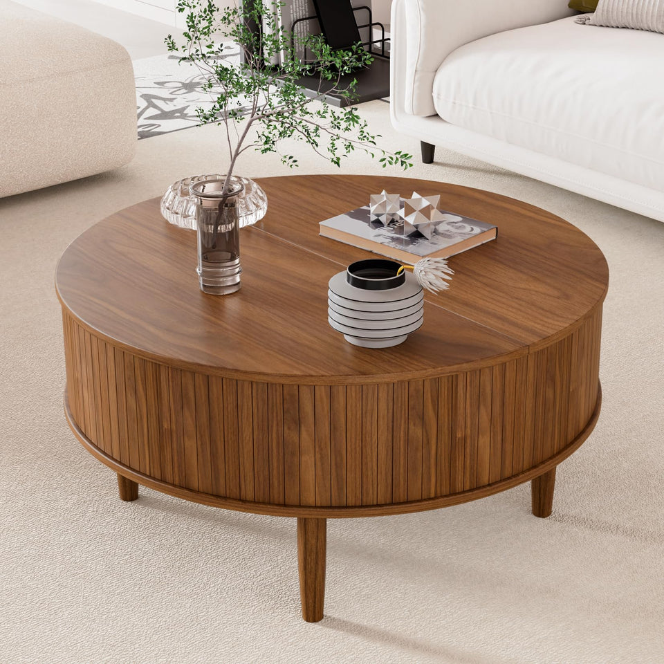 Round Fluted Lift Top Coffee Table with Storage, Mid Century Modern Coffee Table for Living Room, Home Small Space,31.5" Fluted Center Table (Walnut, 31.5inch)