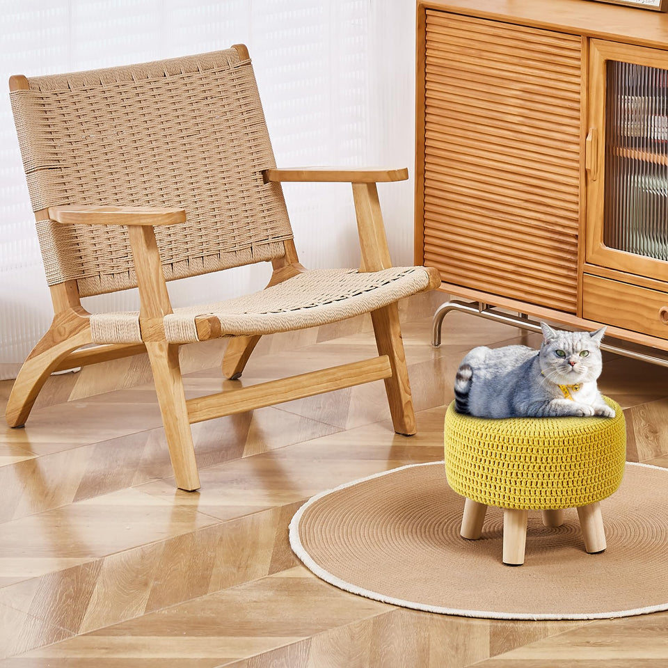 Wimarsbon Pouf Ottoman, 100% Cotton Knitted Boho Footstool, Round Footrest with Non-Skid Wood Legs, Home Décor Handmade Pouffe, Leisure Floor Step Stool for Living Room (Beige)