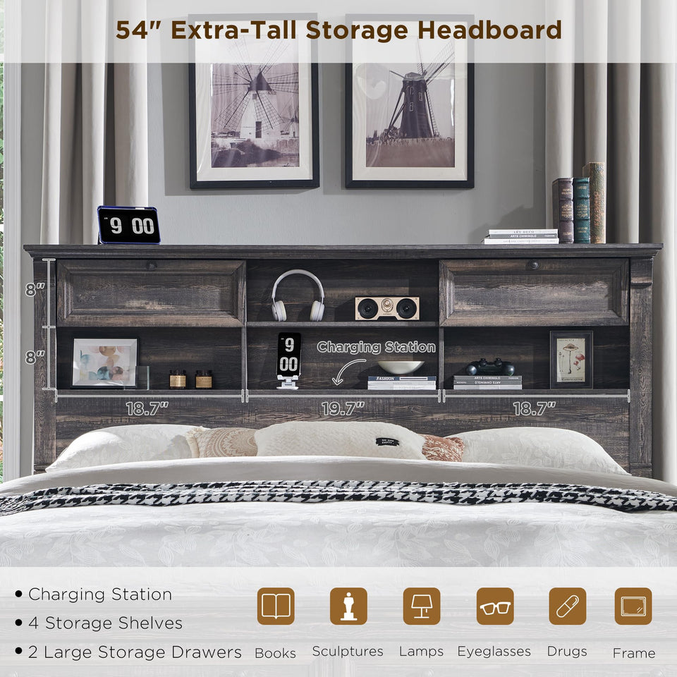 Farmhouse King Size Bed Frame with 54" Tall Storage Bookcase Headboard, Wood Platform Bed Frame with 2 Drawers & 18" Tall Roman Column Decoration Footboard, No Box Spring Needed(Antique White)