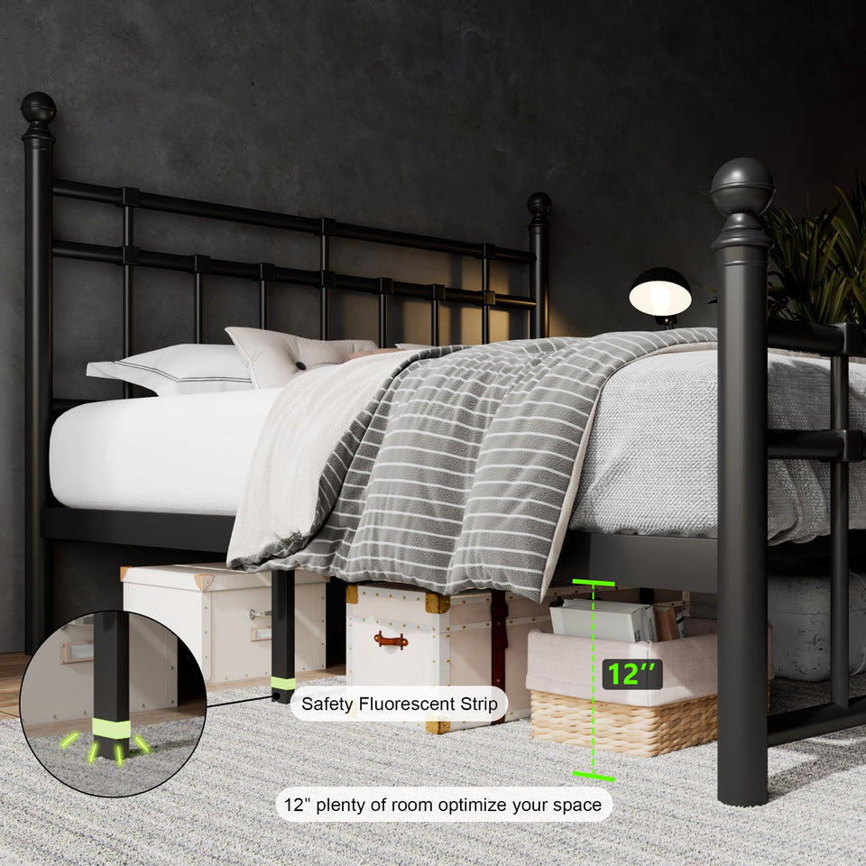 Feonase King Size Metal Platform Bed Frame with Victorian Classic Iron-Art Headboard & Footboard, Steel Slats Support, 12" Under Bed Storage, No Box Spring Needed, Easy Assembly, Noise-Free, Black