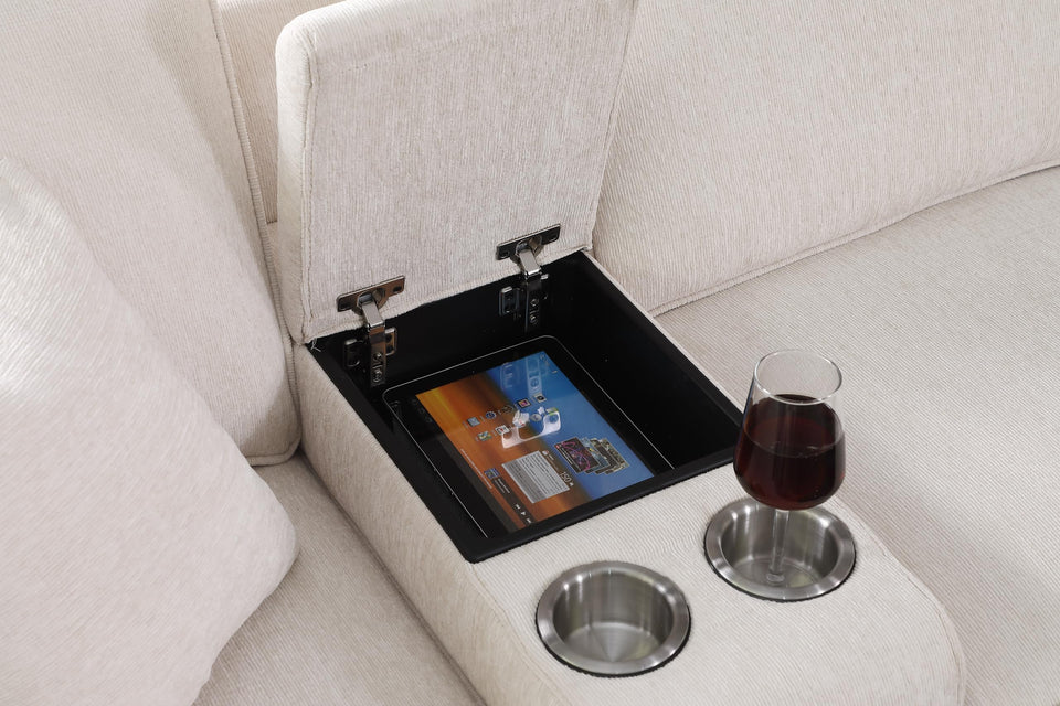 YOPTO 127" L-Shaped Sectional Couch with Movable Ottoman & 6 Throw Pillows,7 Seat Chenille Upholstered Sofa W/2 Cup Holder,USB Port & Hidden Storage Box,DIY Combination,for Living Room,Apartment,Beige