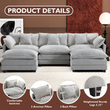Ihanherry 146" U-Shaped Modern Sofa Modular Sectional Cloud Couch with 2 Ottoman, 6-Seat Chenille Deep Seat Sofa with 6 Pillows for Living Room, Bedroom and Apartment, Grey