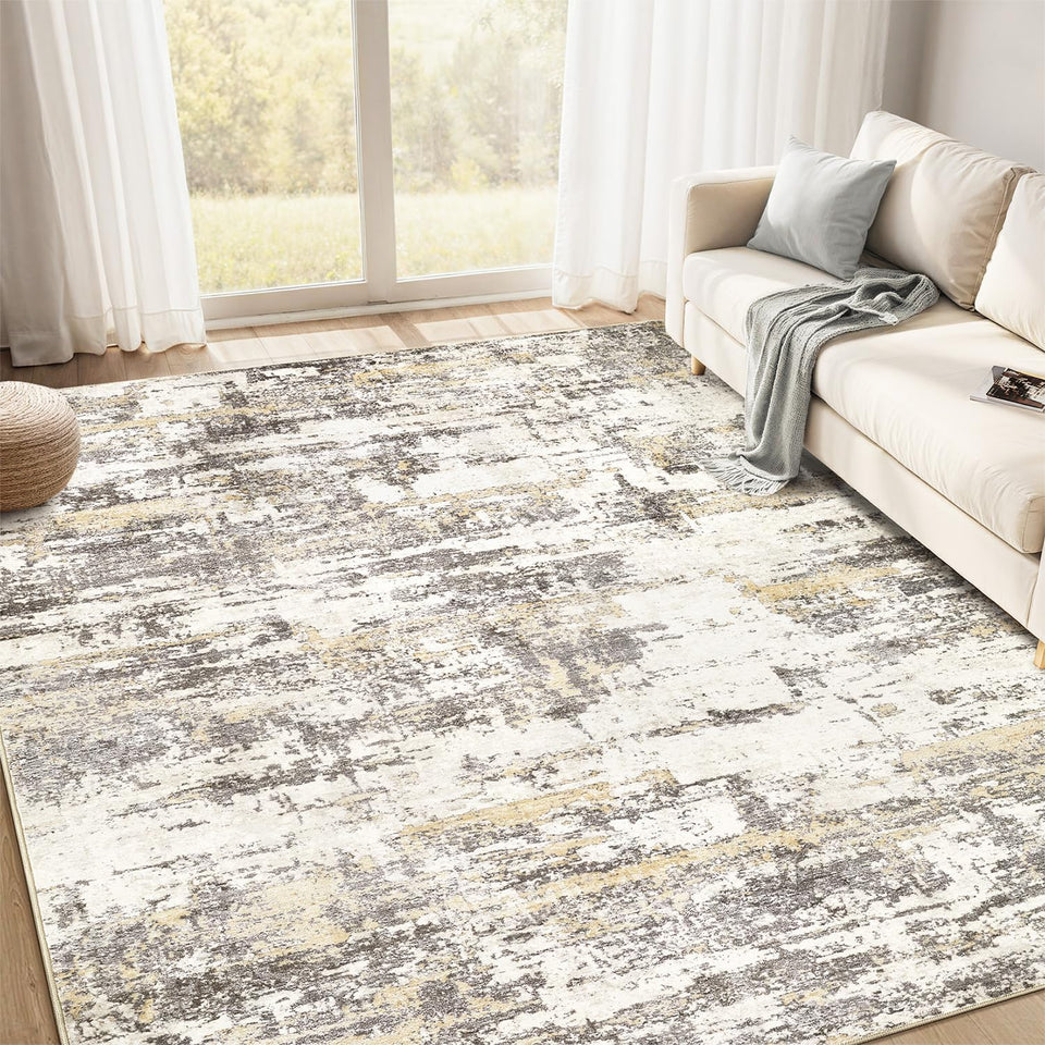 Area Rugs for Living Room: 12x15 Abstract Washable Rug Modern Neutral Large Soft Stain Resistant Non-Slip Backing Machine Table for Bedroom Dining Room Indoor Home Office Carpet - Gold Brown
