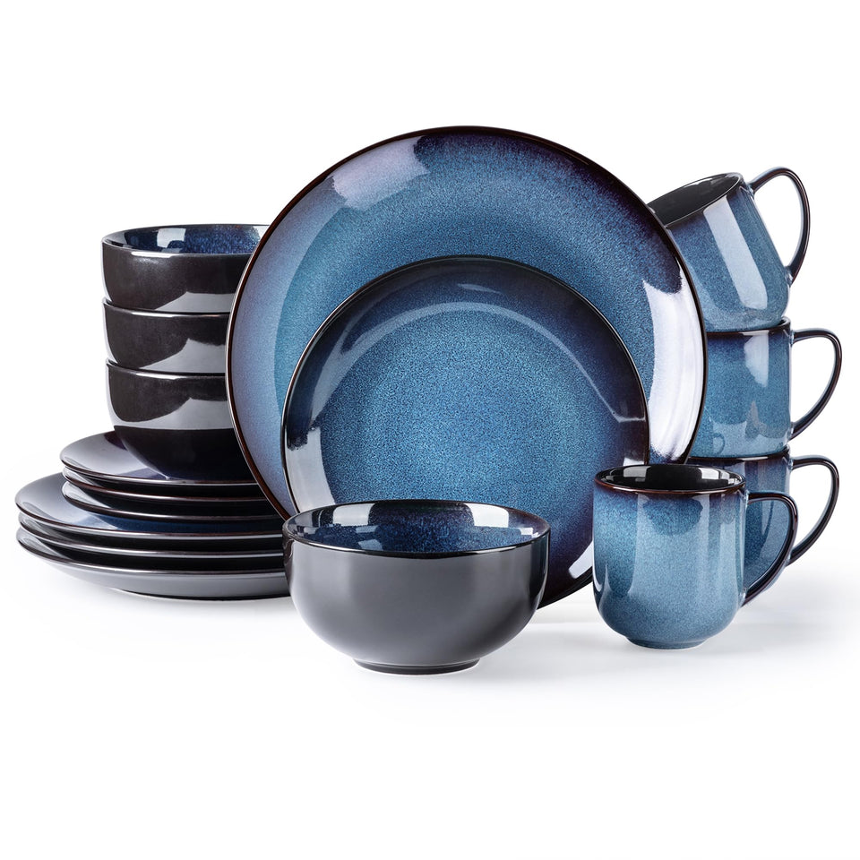 LeRatio Ceramic Dinnerware Sets for 6,Plates and Bowls Sets,Handmade Reactive Glaze Dishes Set,Chip Resistant and Scratch Resistant | Oven&Dishwasher & Microwave Safe-Blue(18PCS)