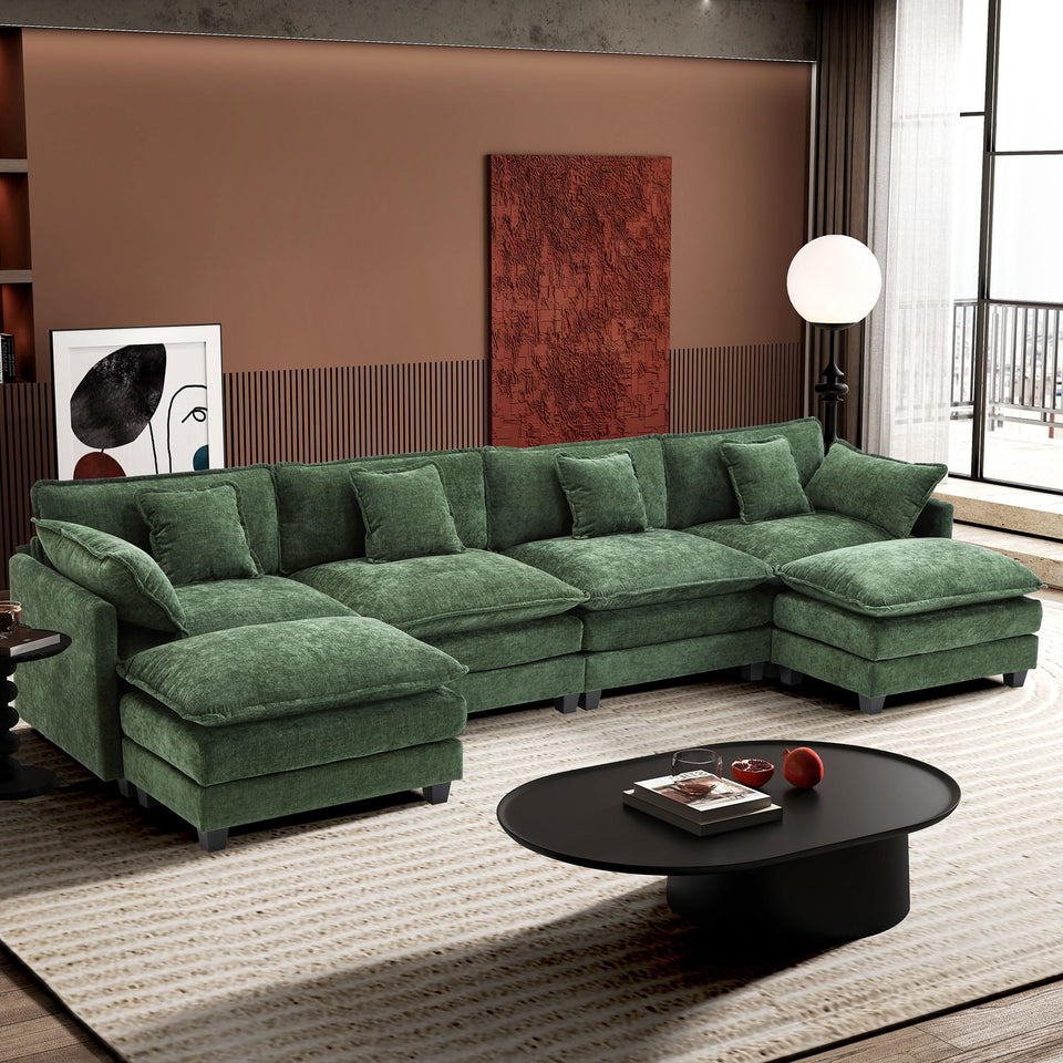 Ihanherry 146" U-Shaped Modern Sofa Modular Sectional Cloud Couch with 2 Ottoman, 6-Seat Chenille Deep Seat Sofa with 6 Pillows for Living Room, Bedroom and Apartment, Grey