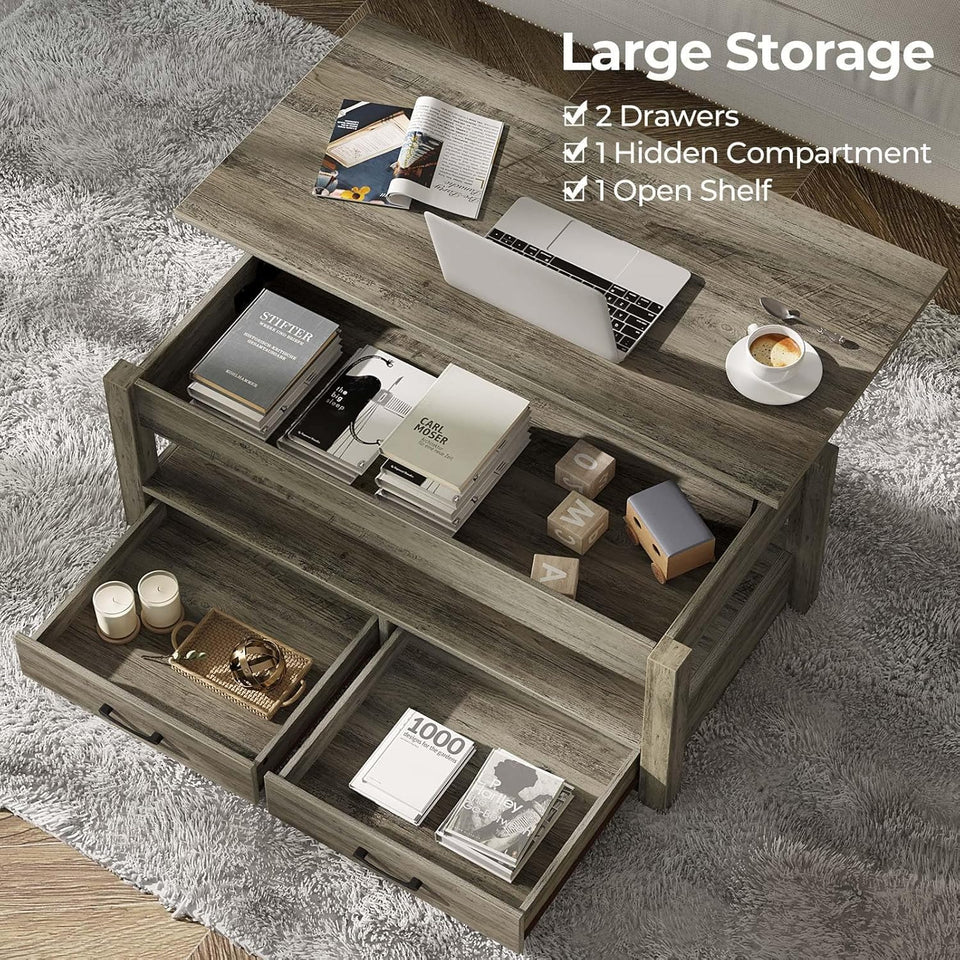 Rolanstar Coffee Table, Lift Top Coffee Table with Drawers and Hidden Compartment, Retro Central Table with Wooden Lift Tabletop, for Living Room,Espresso