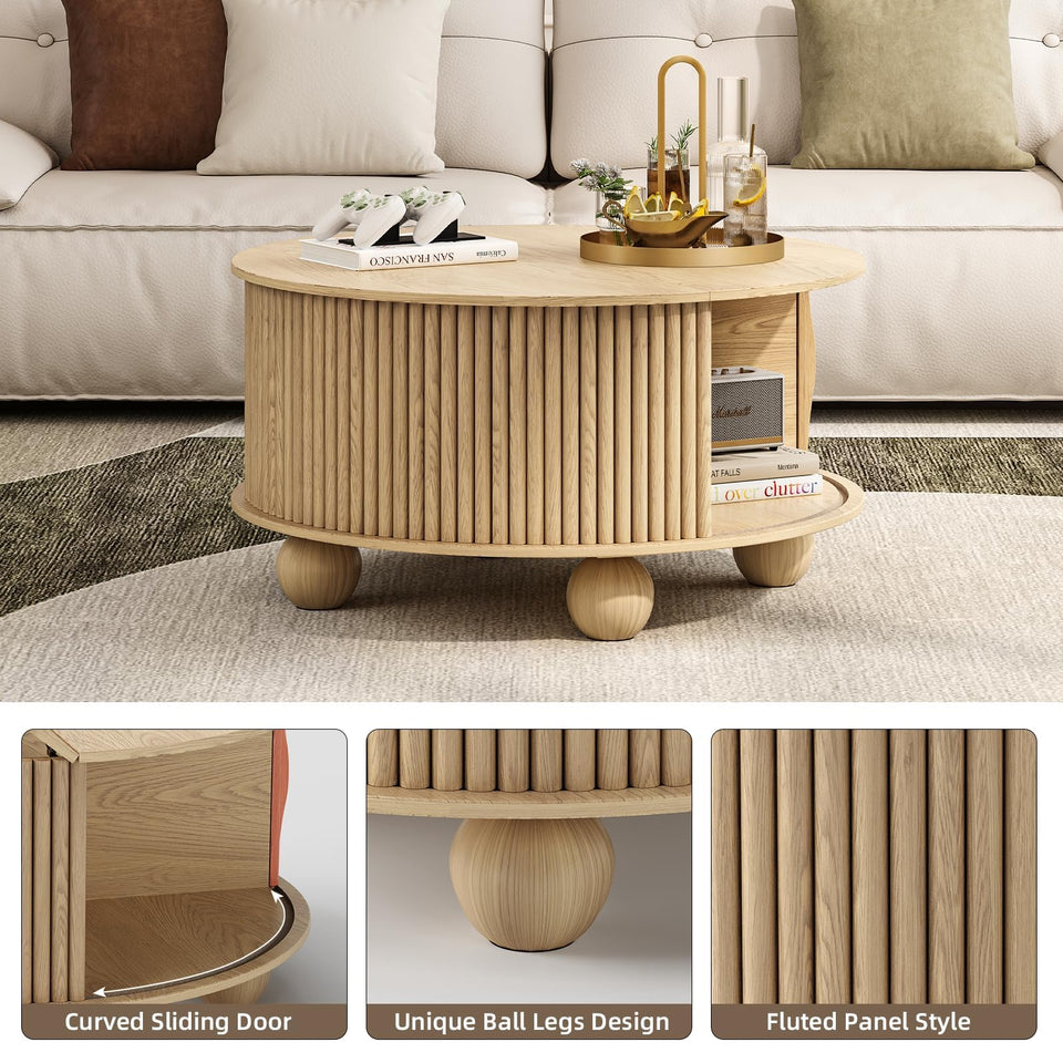 JOINICE, Round Coffee Table with Storage, Mid Century Modern Center Table with Sliding Cabinet Door, Fluted Dining Table for Living Room, Home Small Space, 31.5", Walnut