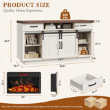 59'' Fireplace TV Stand with 3D Flame Electric Fireplace Heater, 34'' Tall Farmhouse TV Stand for 65 Inch TV, Entertainment Center TV Console with 2 Drawers, Sliding Barn Door for Living Room - White