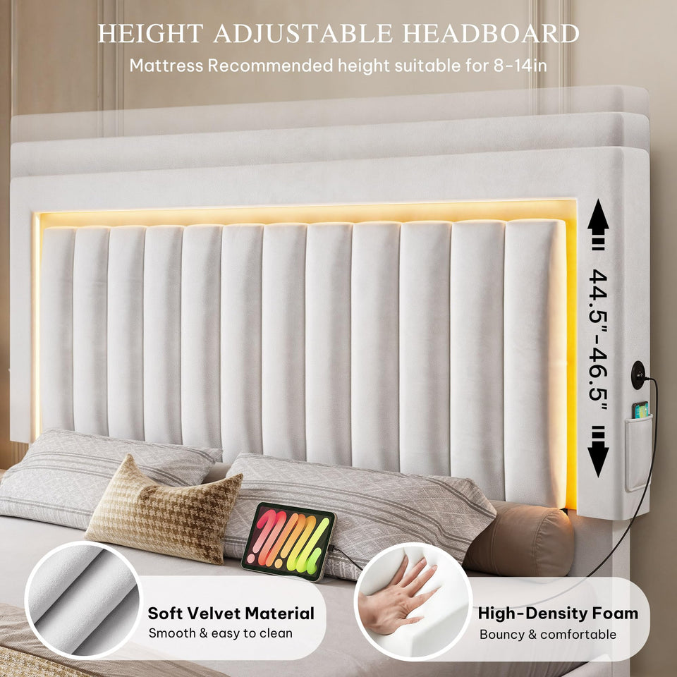 YITAHOME King Size Bed Frame with Adjustable Headboard, 4 Storage Drawers and RGB LED Lights, Velvet Upholstered Platform Bed with USB Ports, No Box Spring Needed, Fast Assembly, Noise-Free, Black