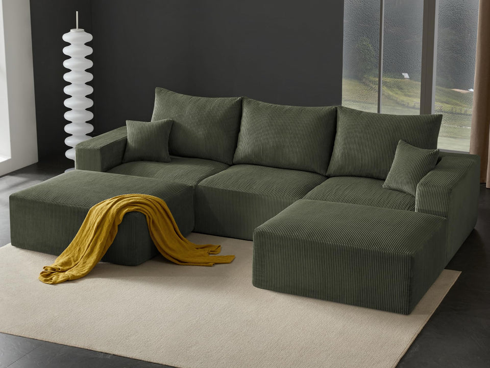 Boneless Sectional Cloud Couch Sofa for Living Room, 112" U-Shaped Modular Modern Lounge Sleeper Black Couches with Chaise, No Assemble, Cordury Compression Upholstered Sofas