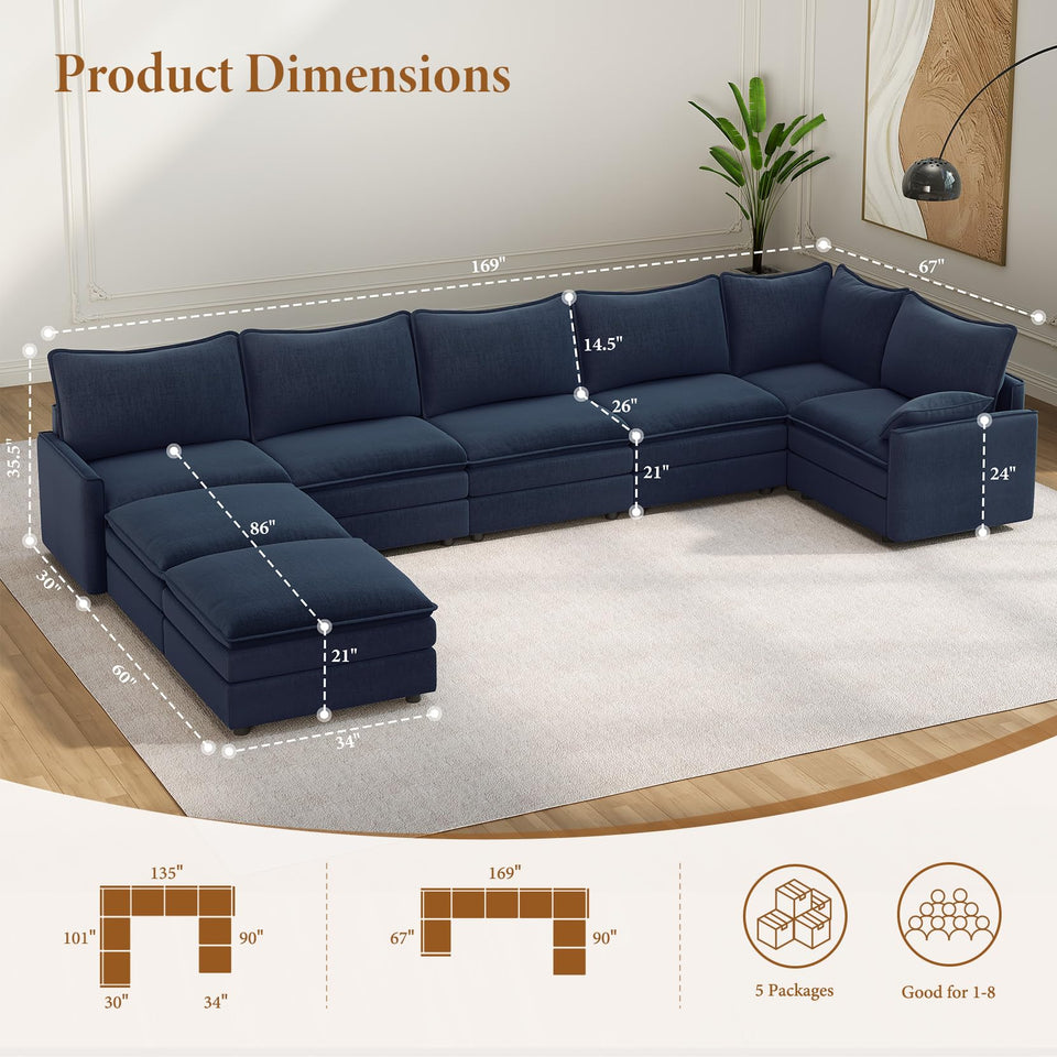 Vesgantti 142" U Shaped Sectional Couch, Comfy Cloud Modular Sectional Sofa with 2 Ottoman Deep Seat Chenille Modern Cloud Sofa, Modular Sofas for Living Room, Bedroom and Apartment, Beige