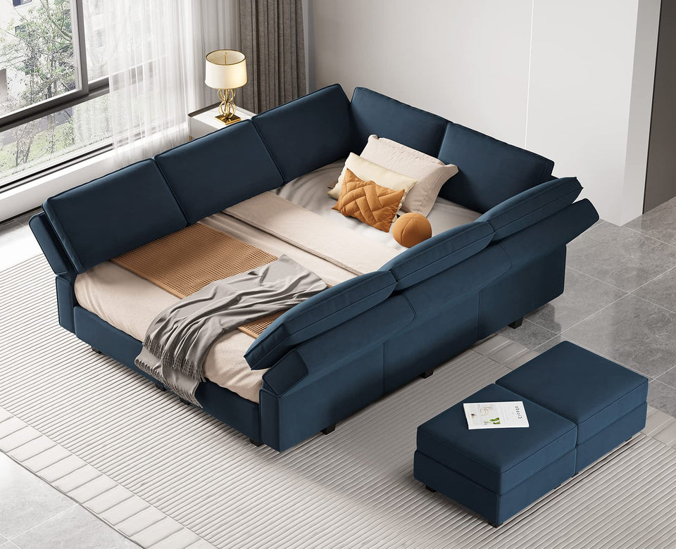Belffin Modular Sectional Sofa with Ottomans Velvet Reversible Sleeper Chaise Bed Storage Seat Black