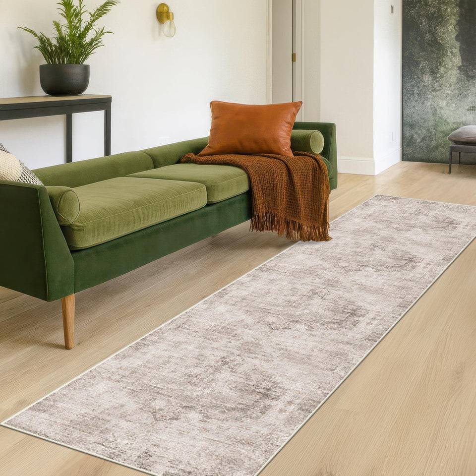 Neutral Living Room Rug - 10x14 Farmhouse Beige Brown Large Area Rug for Dining Room, Bedroom, Low Pile Lightweight Washable