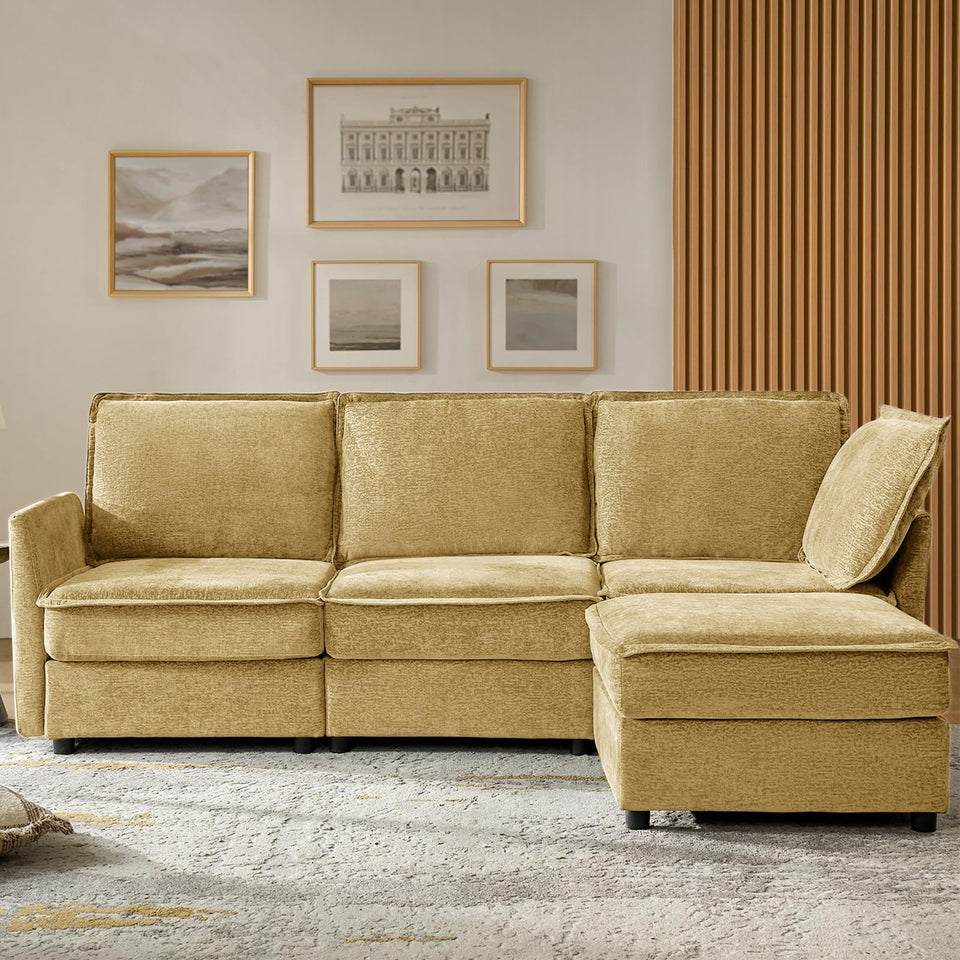 HULALA HOME 127'' Modular Sectional Sofa, Oversized U Shaped Couch with Storage Ottoman, Comfy Chenille Sofa with Deep Seat, 6 Seat Convertible Couches for Living Room, Beige