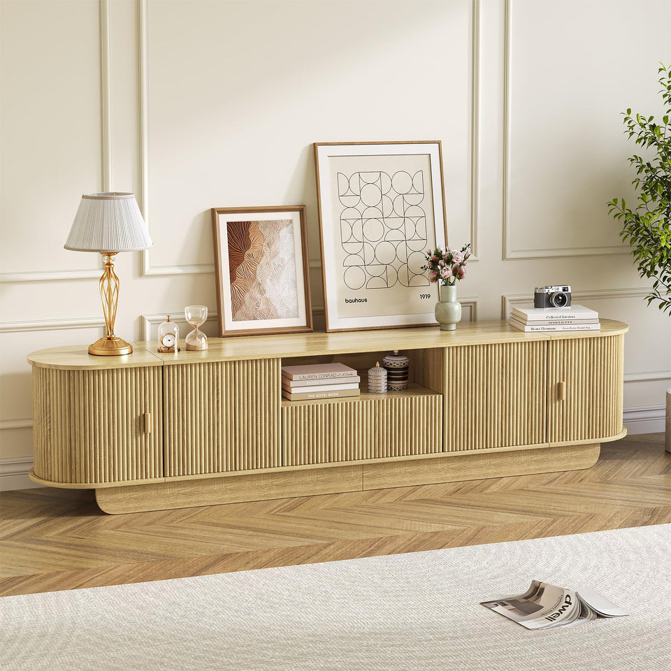 UKAOCAI 86.61'' Tambour TV Stand for 55-85 Inch, Modern Entertainment Center with Large Storage Cabinet & Open Shelves, TV Console with Sliding Doors for Living Room, Bedroom, Natural