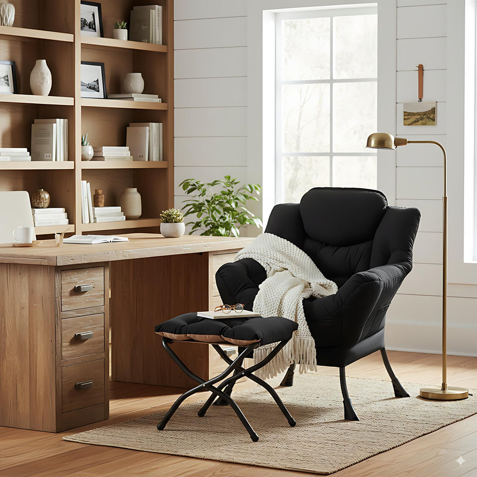 LITA Lazy Chair with Ottoman, Modern Accent Leisure Upholstered Lazy Sofa Armchair, Contemporary Lounge Reading Chair with Armrests and a Side Pocket for Living Room, Bedroom & Small Space, Dark Grey