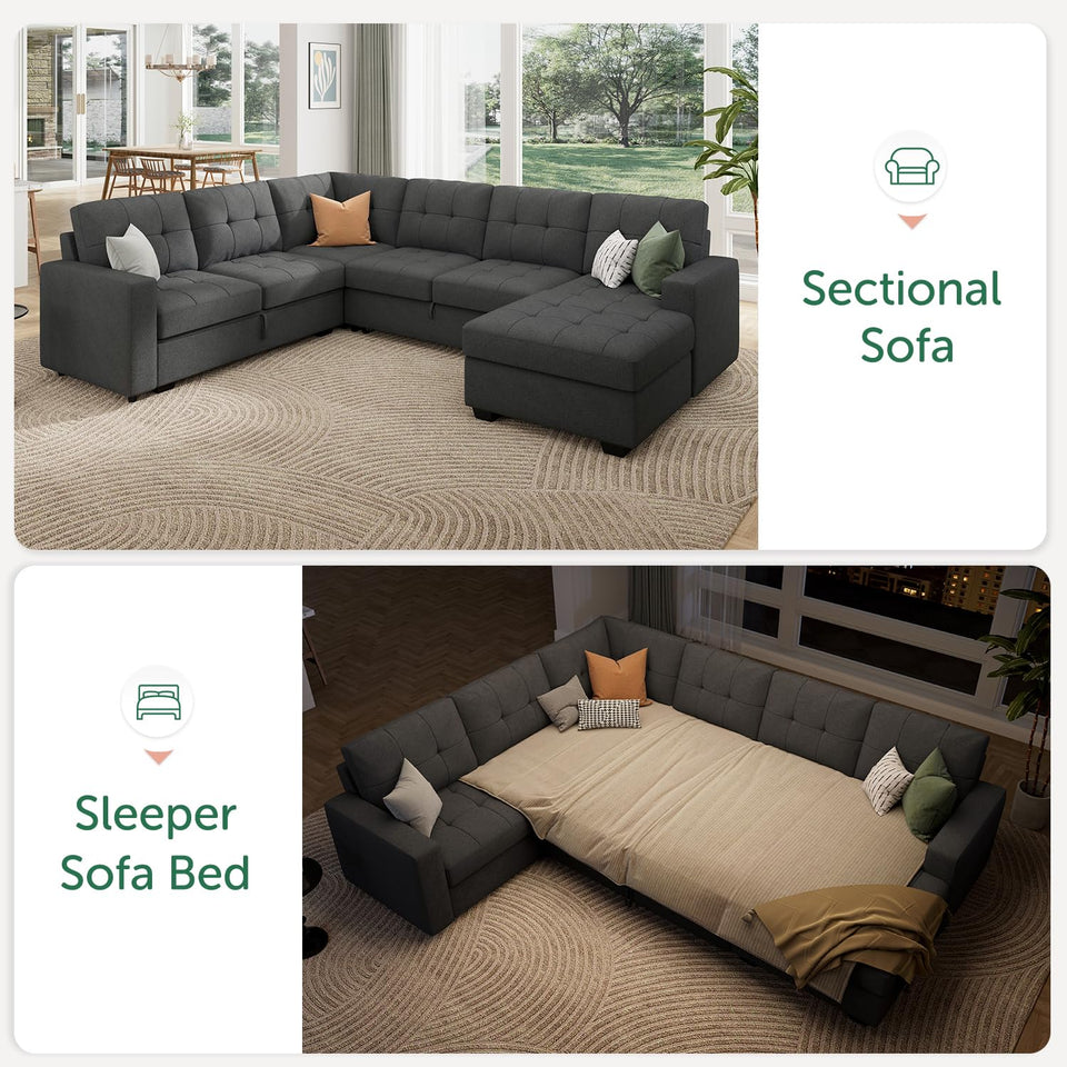 HONBAY Sectional Sleeper Sofa Pull Out Bed with Storage Chaise, Sectional Sofa Couch, Sleeper Couch Bed for Living Room, Dark Grey