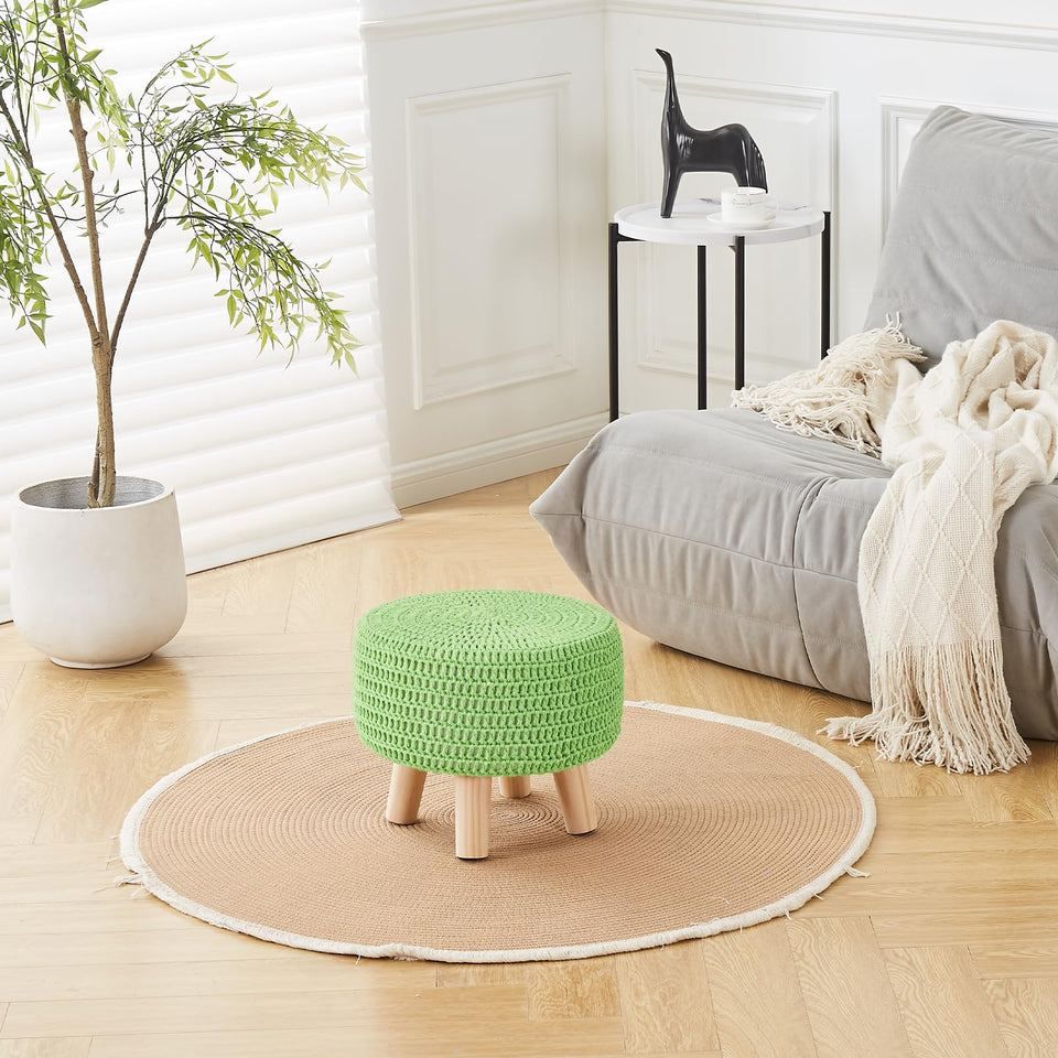 Wimarsbon Pouf Ottoman, 100% Cotton Knitted Boho Footstool, Round Footrest with Non-Skid Wood Legs, Home Décor Handmade Pouffe, Leisure Floor Step Stool for Living Room (Beige)