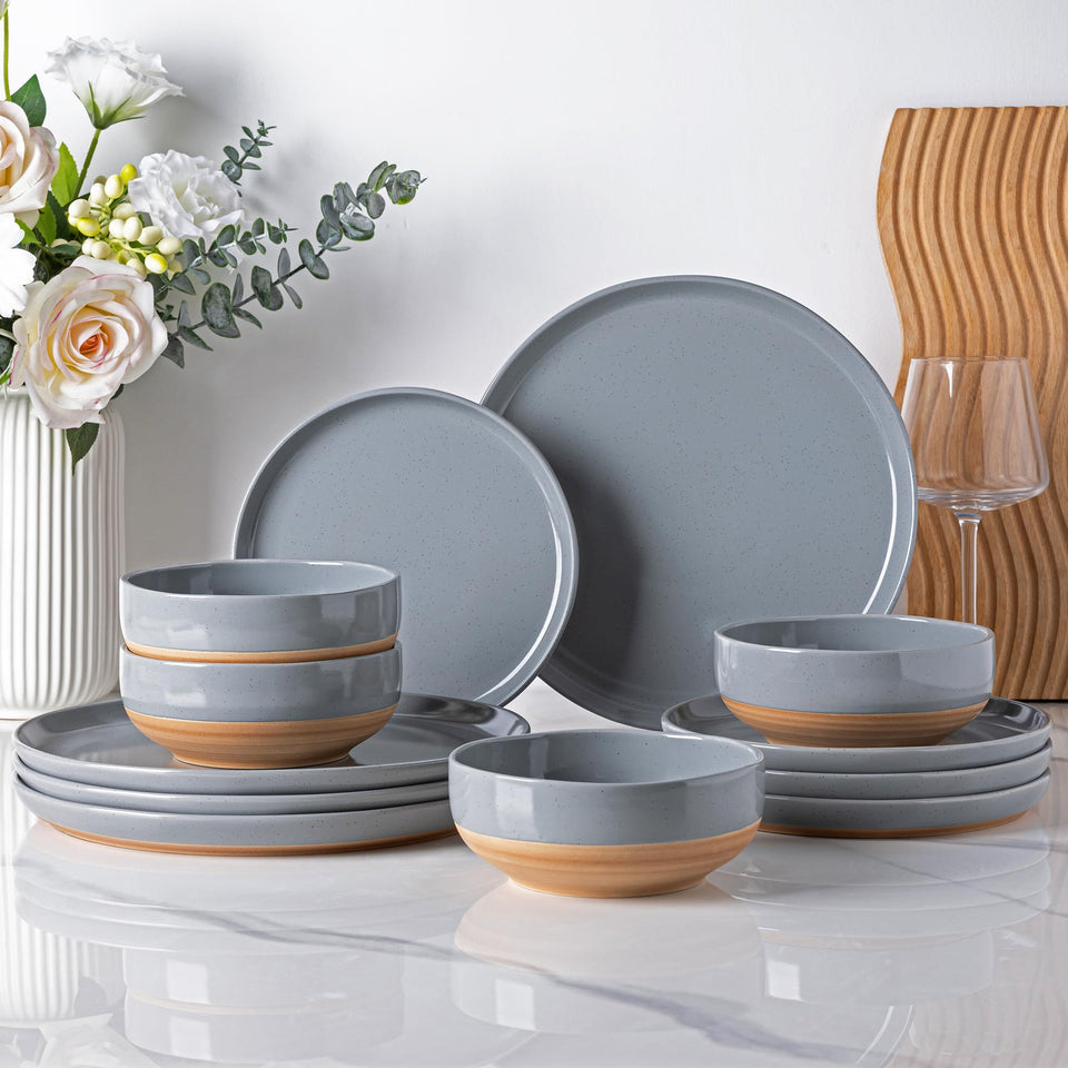AmorArc Ceramic Dinnerware Sets for 8, 24 Pieces Handpainted Plates and Bowls Set with Rustic Terracotta Underside, Scratch Resistant Stoneware Dishes Set, Dishwasher & Microwave Safe, Light Beige