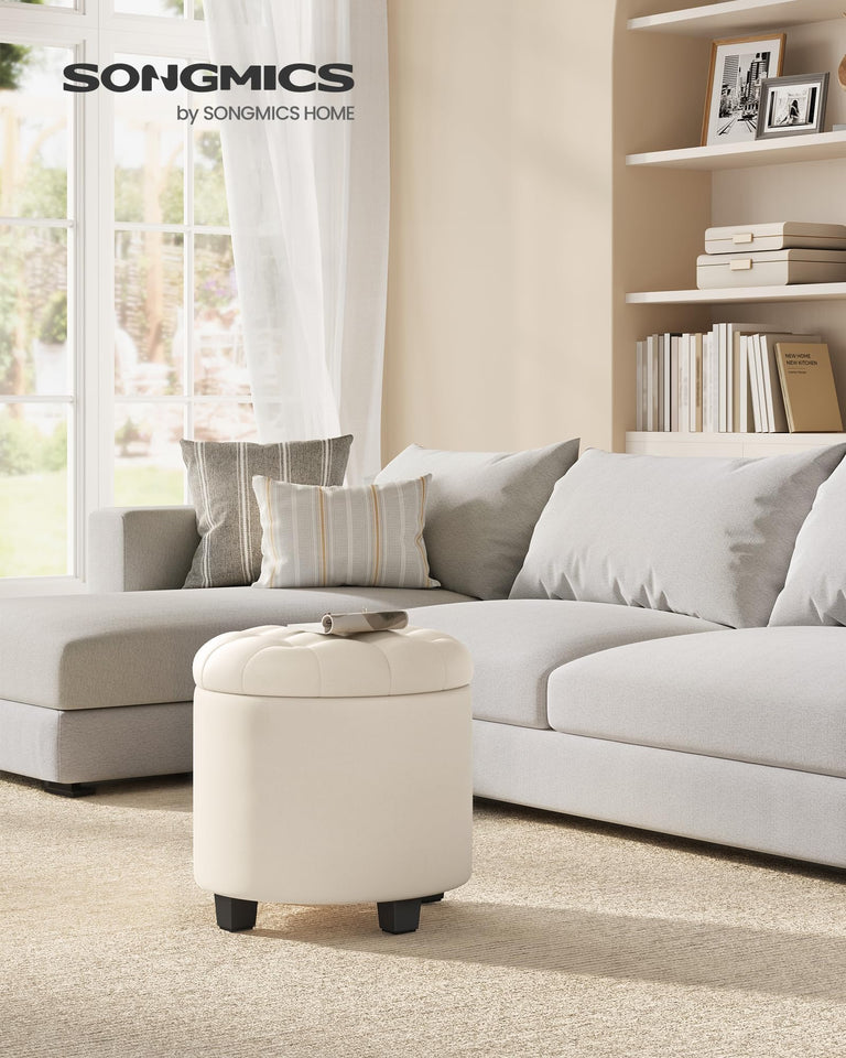 SONGMICS Round Ottoman, Ottoman with Storage, 17.7 Dia. x 17.5 H Inches Foot Rest with Legs, Load up to 330 lb, for Living Room, Bedroom, Dark Gray ULOM011G01