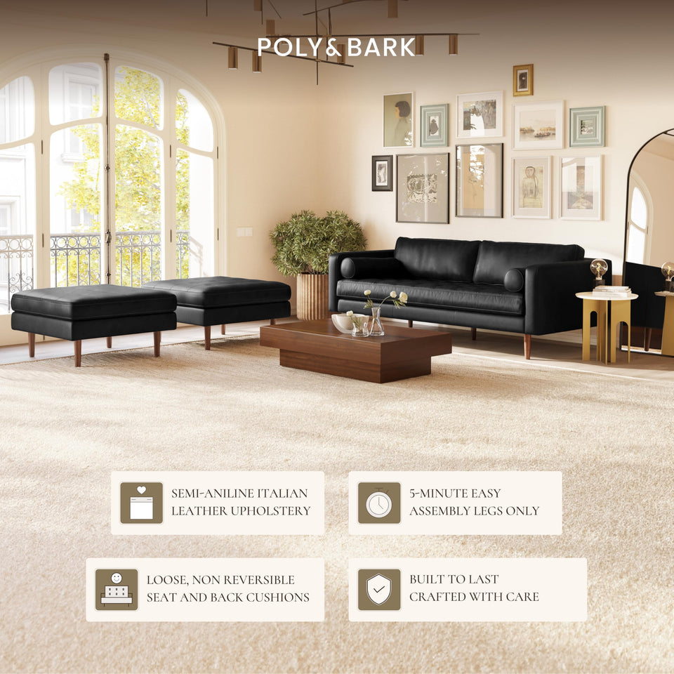 POLY & BARK Napa 72" Apartment Sofa – Italian-Tanned Full-Grain Pure-Aniline or Semi-Aniline Leather, Feather-Down Cushioning, Kiln-Dried Solid Wood Frame, Walnut Legs - Cognac Tan