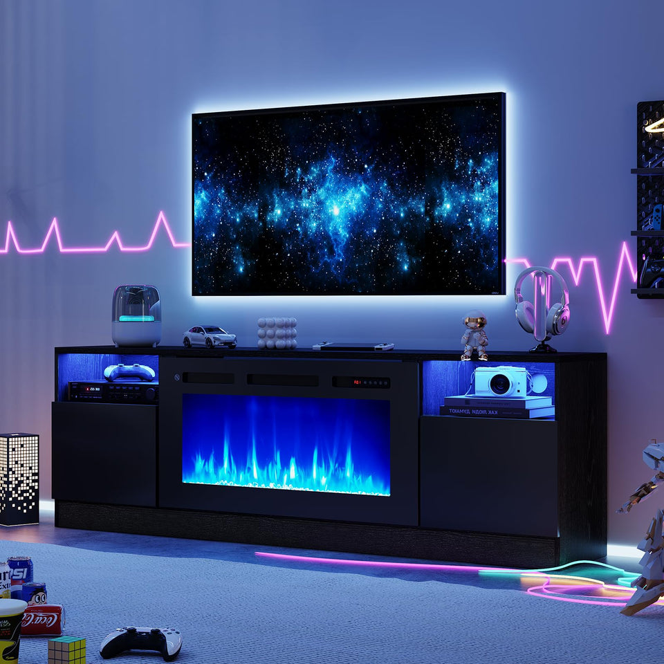 OneBlis 80" Fireplace TV Stand, LED Light Entertainment Center for TVs Up to 90", High-Gloss Door, Modern TV Console for Living Room with Storage Cabinet, Black+Black