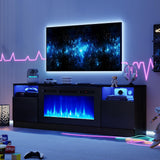 OneBlis 80" Fireplace TV Stand, LED Light Entertainment Center for TVs Up to 90", High-Gloss Door, Modern TV Console for Living Room with Storage Cabinet, Black+Black