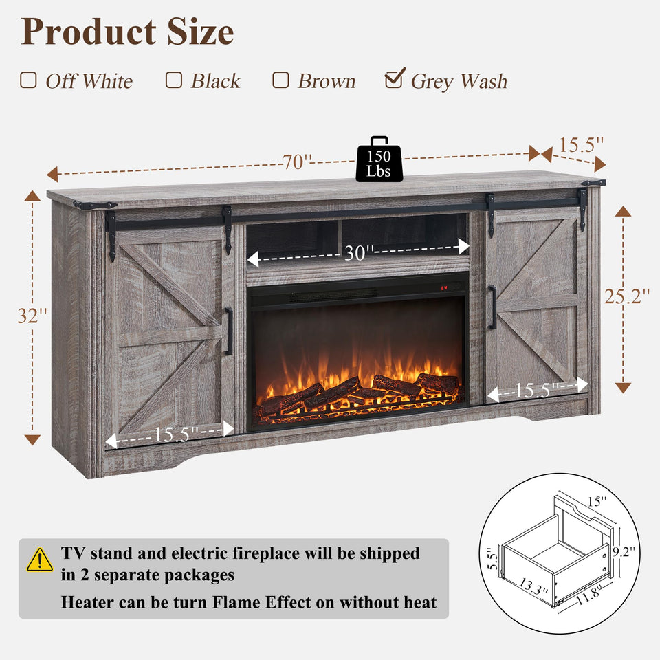 JXQTLINGMU Farmhouse TV Stand for 75+ Inch TV, 32" Tall Entertainment Center w/4 Drawers & Sliding Barn Door, Rustic Media Console w/Storage Shelves, 66" Wood Television Stand for Living Room, Brown