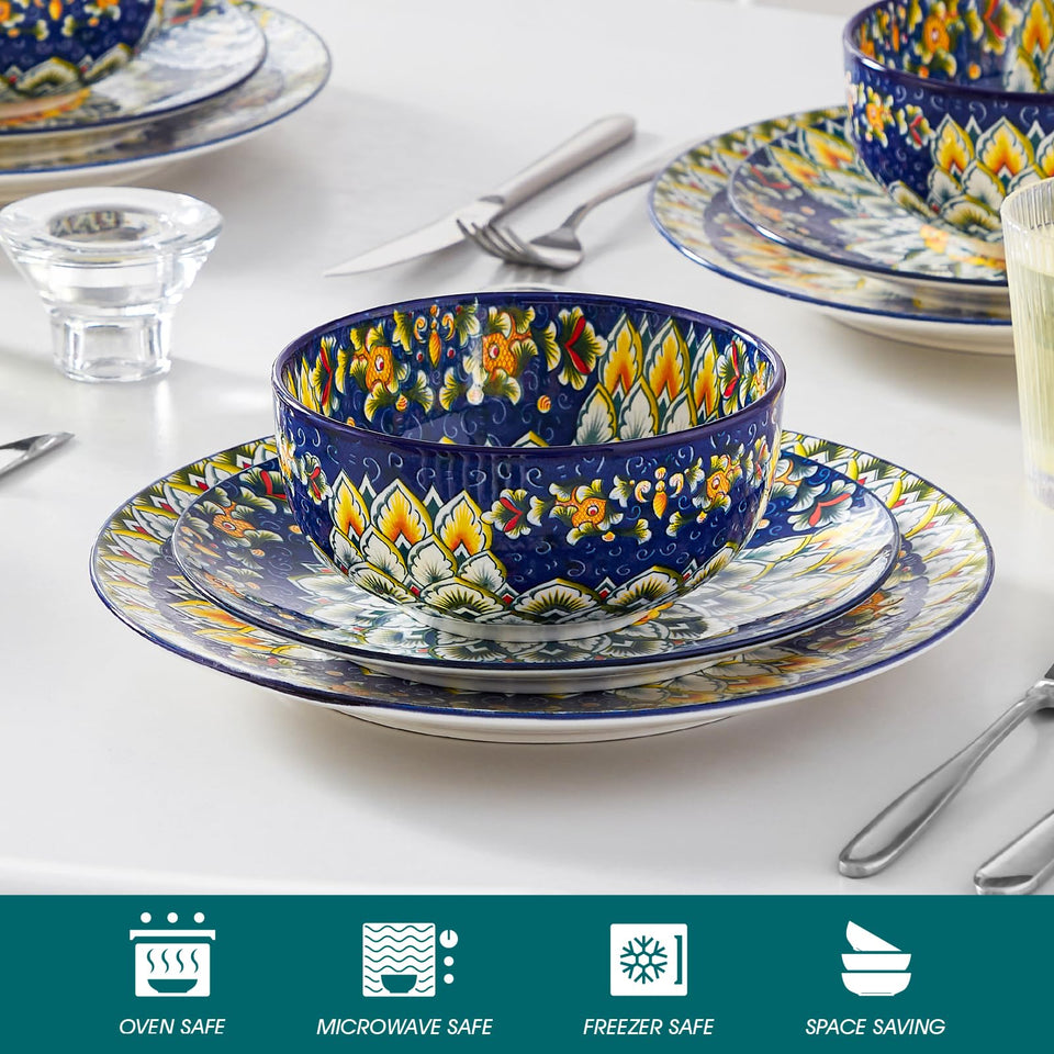 vancasso 24 Pieces Dinnerware Sets, Plates and Bowls Set, Porcelain Dishes Set for 6, Microwave and Dishwasher Safe, Scratch Resistant, Bohemian Style Dining Ware Service for 6, Series SIMI