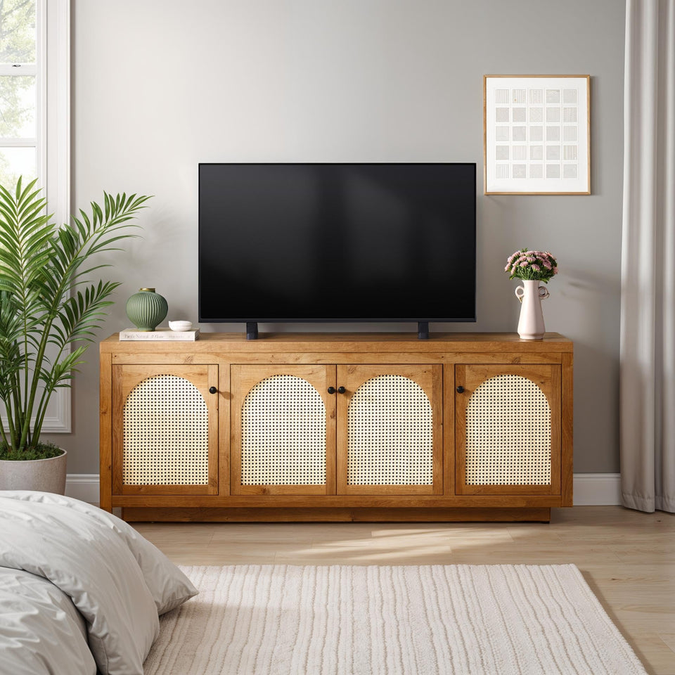 Walker Edison Sasha 4-Door Reeded Sideboard Buffet with Cord Management, 70 Inch, Coastal Oak