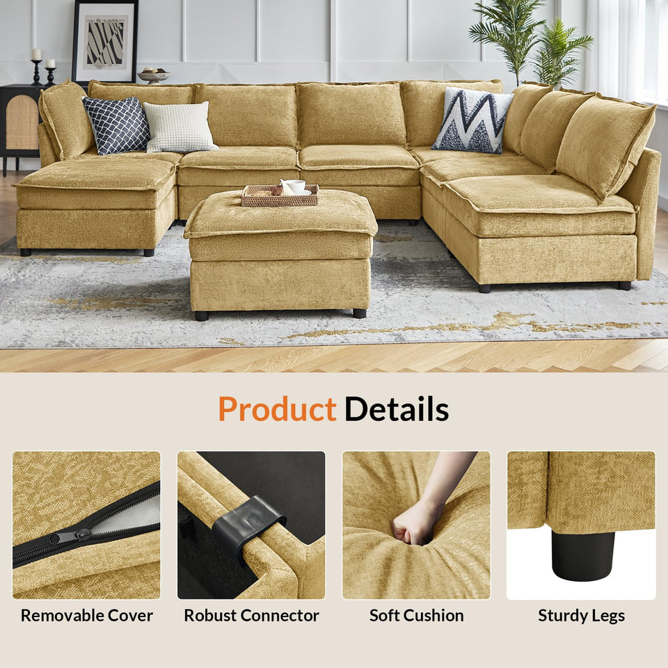 HULALA HOME 127'' Modular Sectional Sofa, Oversized U Shaped Couch with Storage Ottoman, Comfy Chenille Sofa with Deep Seat, 6 Seat Convertible Couches for Living Room, Beige