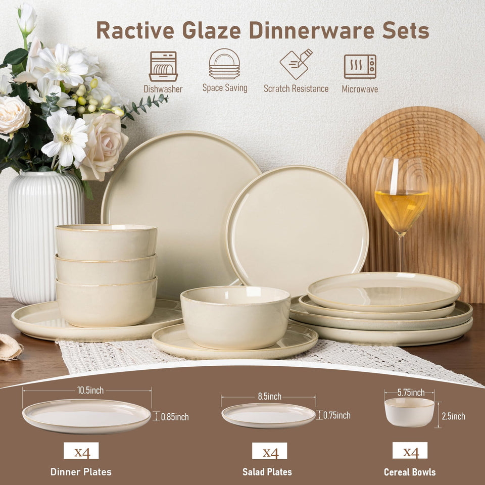 GBHOME Ceramic Dinnerware Sets for 8, 24 Pieces Stoneware Plates and Bowls Sets, Scratch Resistant Dishes, Dishwasher & Microwave Safe, Reactive Glaze-Green Wheat