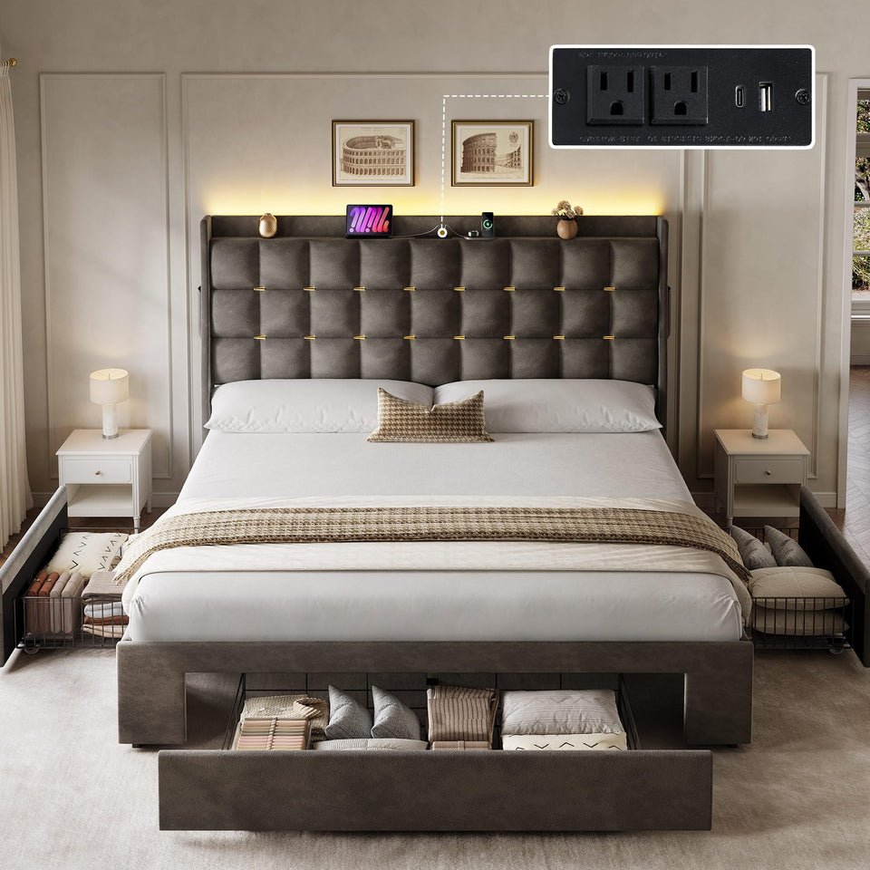 YITAHOME King Size Bed Frame with 3 Storage Drawers and RGB LED Lights, Velvet Upholstered Bed with Charging Station and Storage Headboard, No Box Spring Needed, Easy Assembly, Noise-Free, Grey