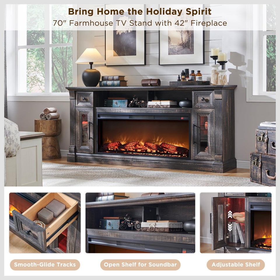 OKD Fireplace TV Stand for 80 Inch TV - Farmhouse Entertainment Center with 42" Electric Fireplace & LED Lights, Wood Media Console with Storage Drawers & Cabinets for Living Room, Antique White