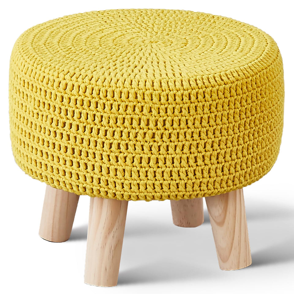 Wimarsbon Pouf Ottoman, 100% Cotton Knitted Boho Footstool, Round Footrest with Non-Skid Wood Legs, Home Décor Handmade Pouffe, Leisure Floor Step Stool for Living Room (Beige)