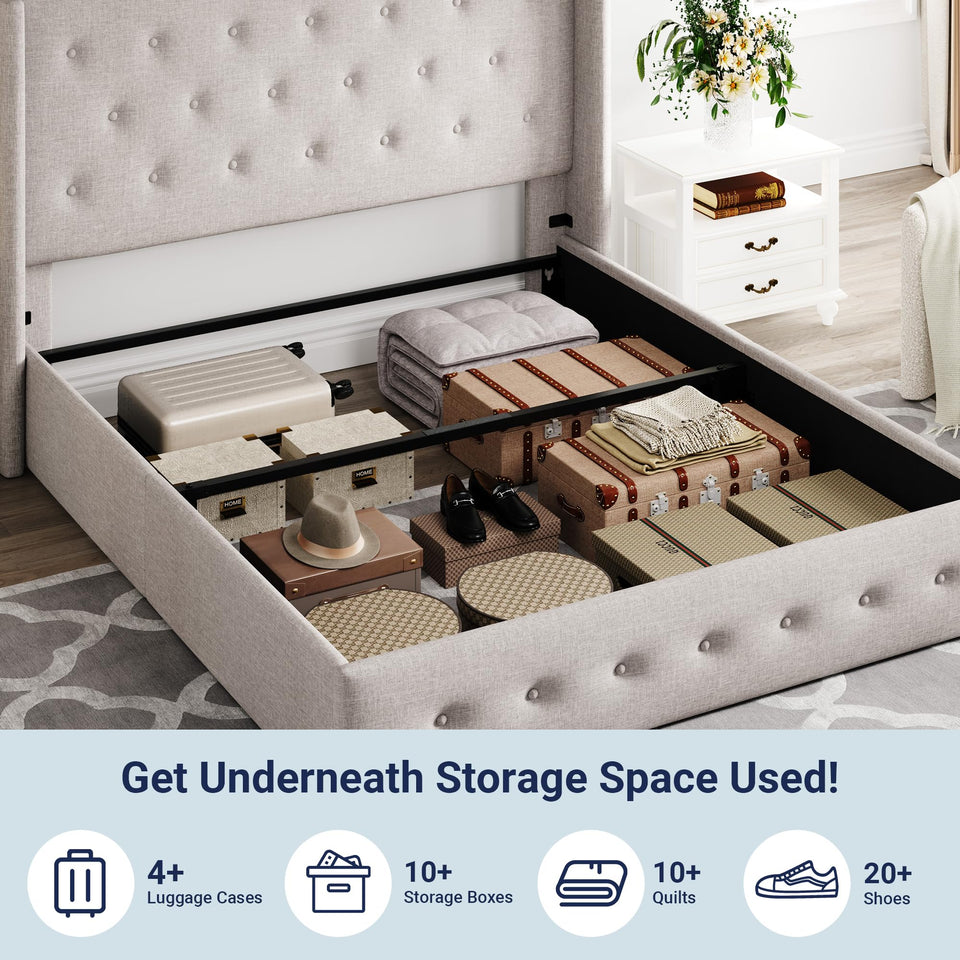 Allewie King Size Lift Up Storage Bed, Modern Wingback Headboard, Hydraulic Support, No Box Spring Needed, Light Beige