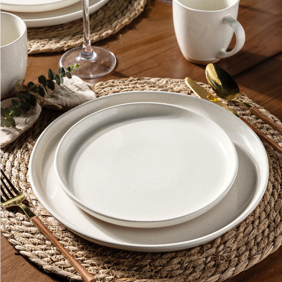 AmorArc Ceramic Dinnerware Sets for 8, 24 Pieces Handpainted Plates and Bowls Set with Rustic Terracotta Underside, Scratch Resistant Stoneware Dishes Set, Dishwasher & Microwave Safe, Light Beige