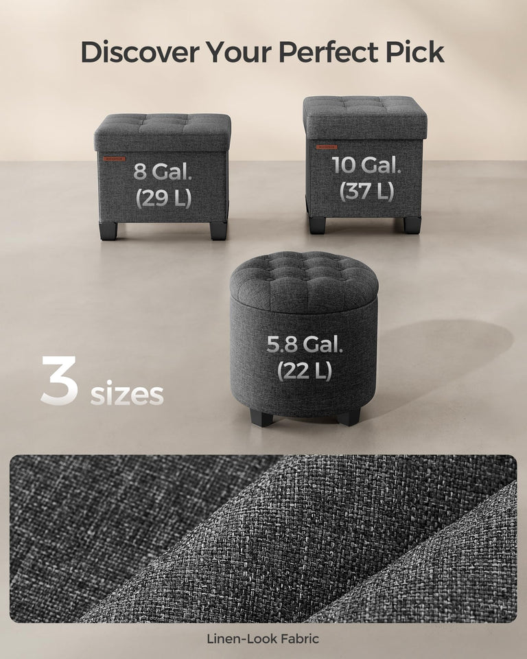 SONGMICS Round Ottoman, Ottoman with Storage, 17.7 Dia. x 17.5 H Inches Foot Rest with Legs, Load up to 330 lb, for Living Room, Bedroom, Dark Gray ULOM011G01