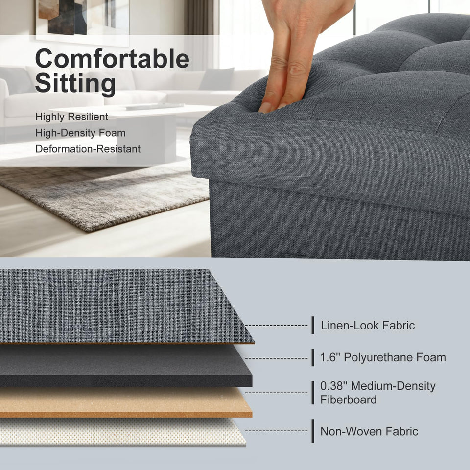 Storage Ottoman with Extra Thick Foam Padded Seat, Foldable Foot Rest Stool with Linen Fabric, 43L Ottoman with Storage Bench for Bedroom Living Room, Holds Up to 300lbs, 17x13x13in, Dark Gray