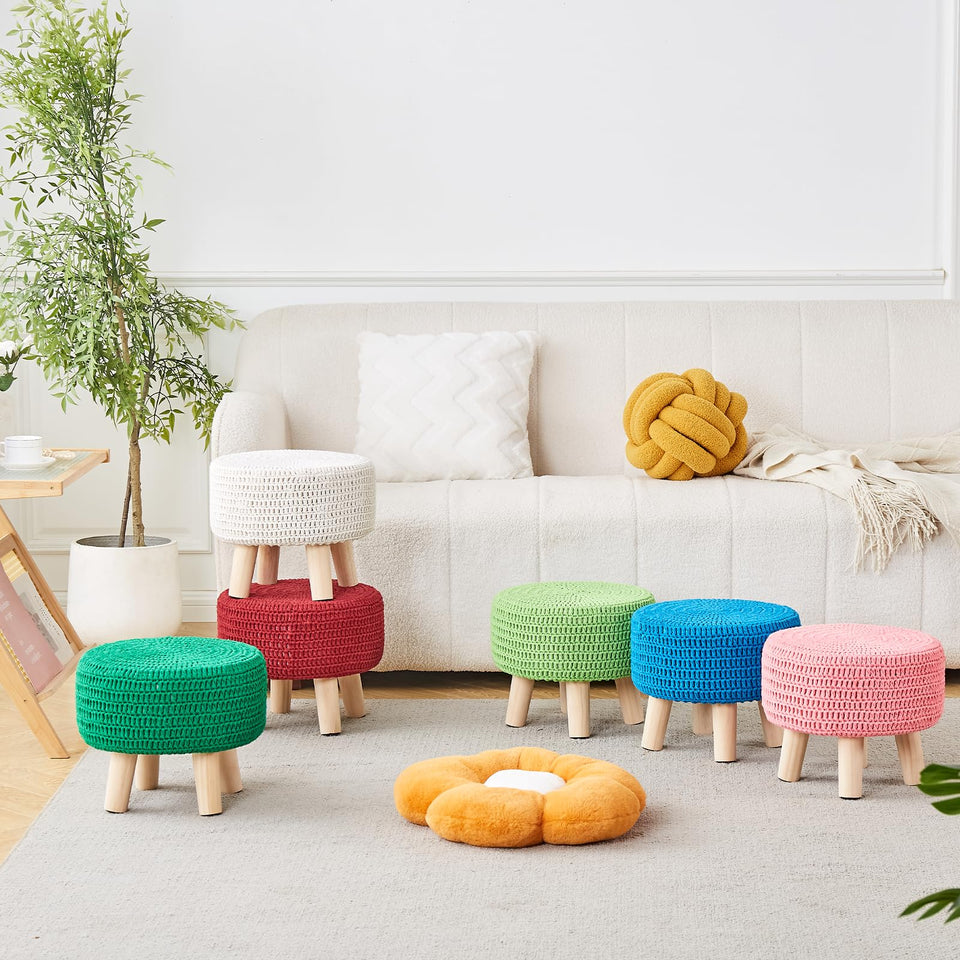 Wimarsbon Pouf Ottoman, 100% Cotton Knitted Boho Footstool, Round Footrest with Non-Skid Wood Legs, Home Décor Handmade Pouffe, Leisure Floor Step Stool for Living Room (Beige)