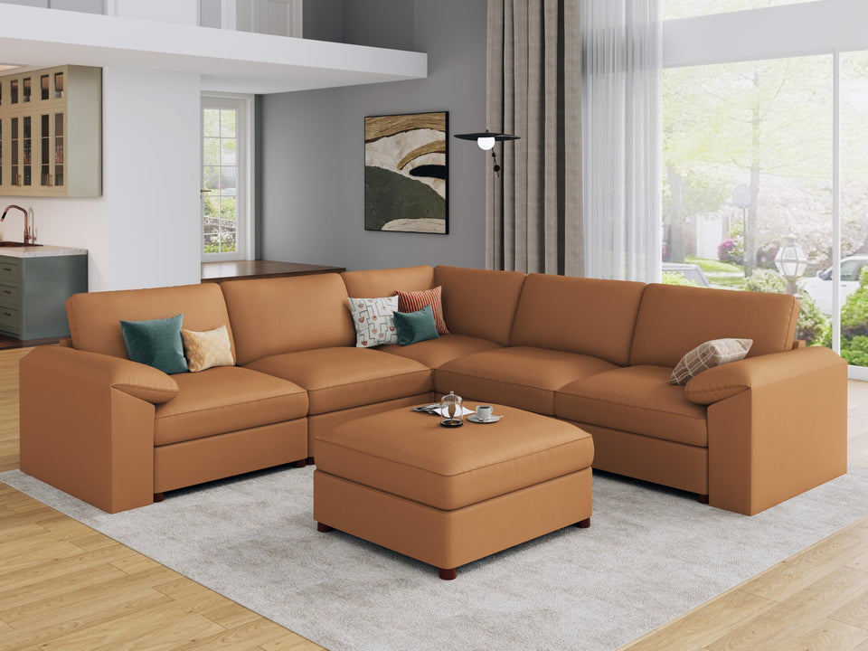 EASE MOOSE Leather Sectional Couch, Oversized Modular Sectional Sofas, Wide Deep Seat Modular Couch, Scratch Resistant Faux Leather Material, L Shaped Sofa for Big Spaces,Beige