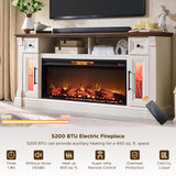 OKD Fireplace TV Stand for 80 Inch TV - Farmhouse Entertainment Center with 42" Electric Fireplace & LED Lights, Wood Media Console with Storage Drawers & Cabinets for Living Room, Antique White