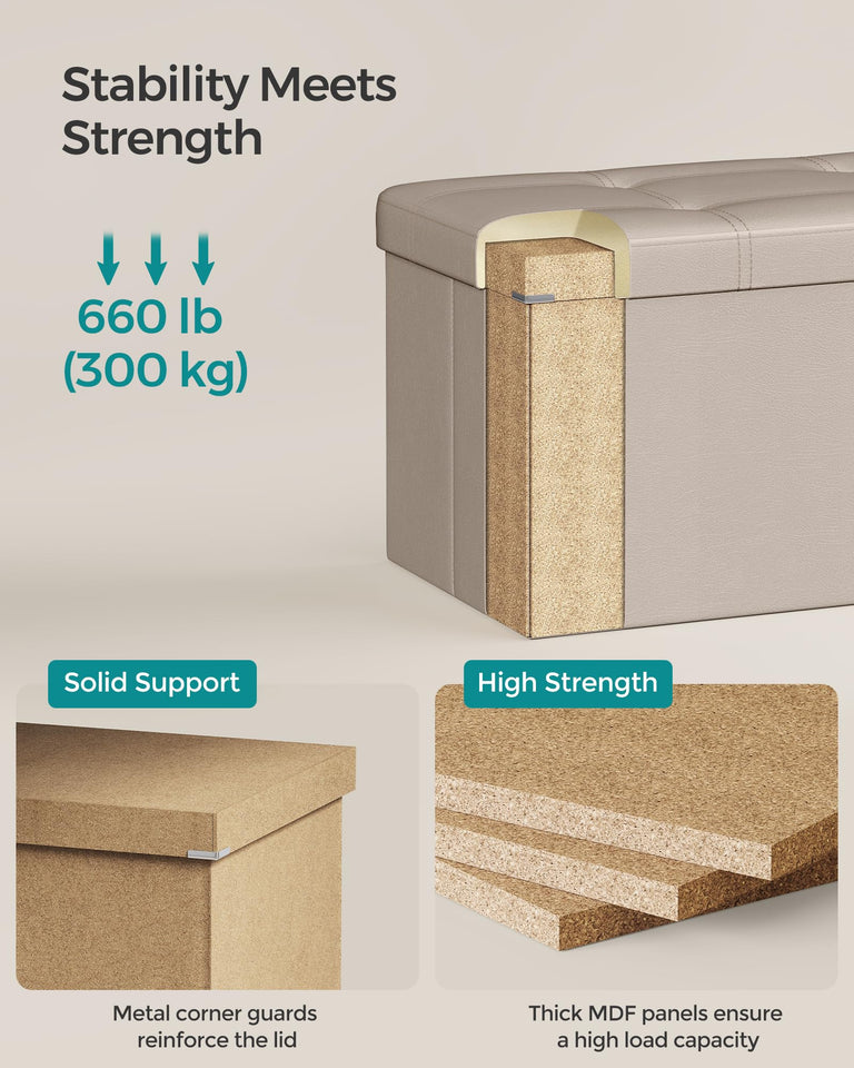 SONGMICS MAZIE Collection - 43 Inches Folding Storage Ottoman Bench, Ottoman with Storage, Foot Rest Stool, Load 660 lb, for Living Room, Synthetic Leather, Black ULSF701